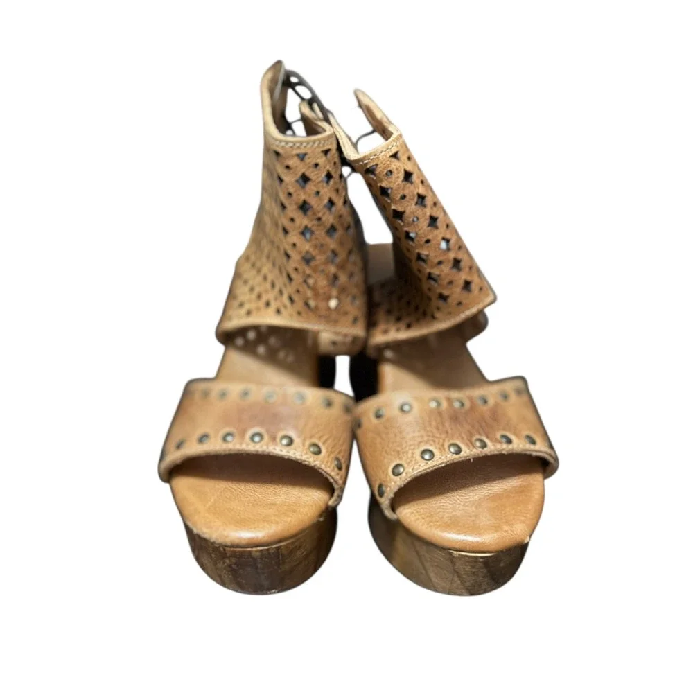 BED|STU Mali Cutout Leather Lace‎ Up Platform Wood Heel Sandals 6.5
